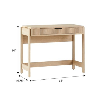 Transitional Style Furniture, Reeded Detail, Lift-Top Desk with Drawer and Storage Cubby, Sitting to Standing Desk, Soft Self-Close Desktop, 38 Inch, Coastal Oak