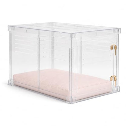 Clear Acrylic Large Dog Crate Furniture with Blush Cushion for Large Dogs, view 2