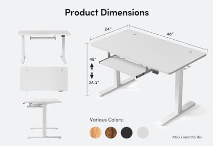 Standing Desk with Keyboard Tray, 48 x 24 Inch Adjustable Height Sit Stand Desk with Memory Presets for Home Office, Ergonomic Computer Workstation, White