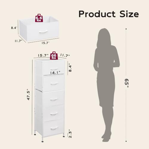Tall Dresser for Bedroom, 5 Drawer Dresser, White, 5 vertical fabric drawers, view 4