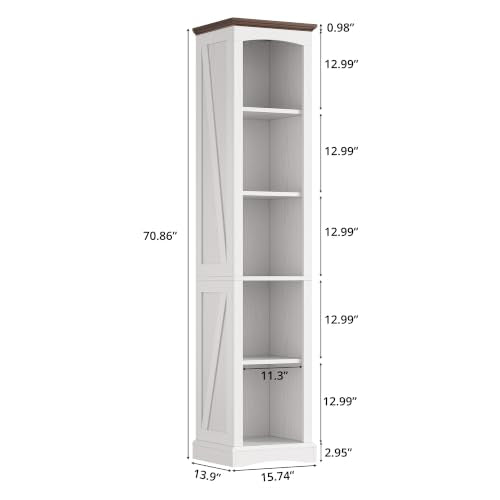 70" Tall Narrow 5-Tier Bookshelf, Farmhouse Bookcase White, view 3