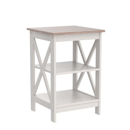 End Tables Bedroom Set of 2, Farmhouse Sofa Side Table with Storage Shelves, Ivory