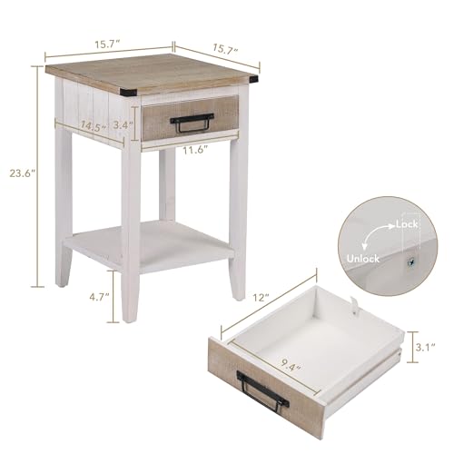 Farmhouse Bedside Table Set of 2, Rustic Nightstand with Drawers and Open Shelf, Side Table End Tables for Bedroom/Living Room/Lounge (Vintage White)