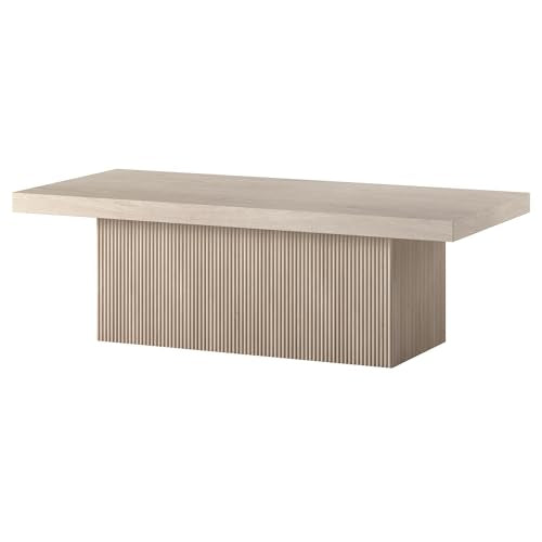 48" Fluted Low-Profile Rectangular Coffee Table with Ribbed Base for Living Room, Family Room, or Office, Beech White