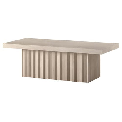 48" Fluted Low-Profile Rectangular Coffee Table with Ribbed Base for Living Room, Family Room, or Office, Beech White