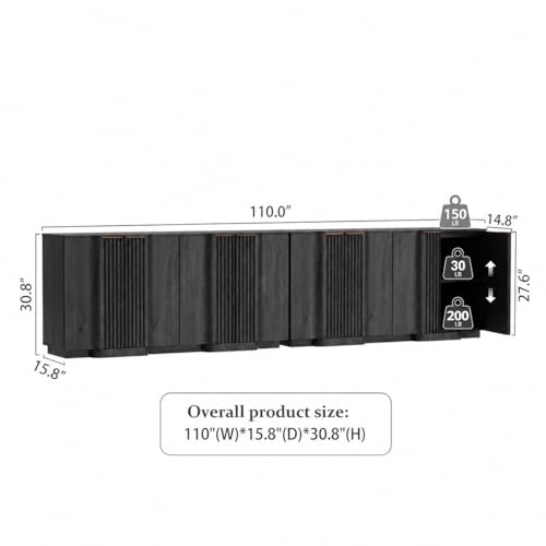 Fluted Buffet Cabinet with Storage, 110" Accent Sideboard Credenza, view 3