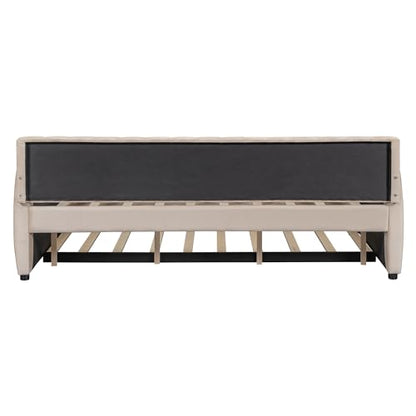 Full Size Daybed with Trundle, Upholstered Day Bed Frame Velvet Sofa Beds with Vertical Channel Tufted Headboard for Living Room, Bedroom, Beige