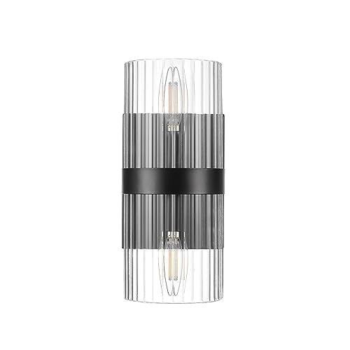 65000050 2-Light Wall Sconce, Matte Black, Ribbed Glass Shade, E12 Base Sockets, Lights for Living Room, Home Decor, Lighting, Mounted Bedside Lamp