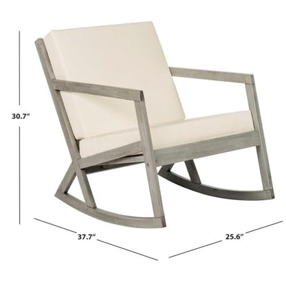SAFAVIEH Outdoor - Vernon Rocking Chair - Grey & Beige - Solid Wood with Cushion - Shaker-Inspired Slatted Design - Ideal for Patio, Deck, Porch, Backyard, 24.6" Seat Height (PAT7013E)