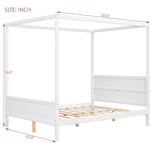 Queen Solid Wood Canopy Bed with Headboard and Footboard, White, view 3