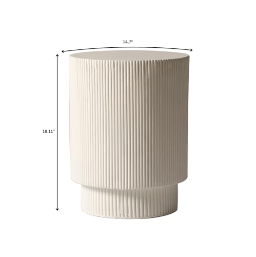 Modern Side Table Round Fiberstone Top Accent End Table for Home, Outdoor Patio, Living Room Sofa, Weather-Resistant, Eden Series in White