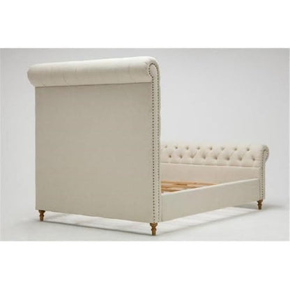 Eden Home Mid-Century Upholstered Tufted Full Bed Frame, Fabric Material, Cream Finish, Tall Button Tufted Headboard, Slats Included, 66.3" H x 59.6" W x 95.3" D, Elegant Bedroom Furniture