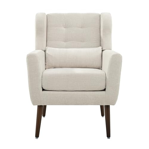 Modern Accent Chair Chenille Fabric Upholstered Tufted Side Wingback Chair,Mid Century Reading Armchair with Waist Pillow Backrest for Living Room Bedroom (Beige)