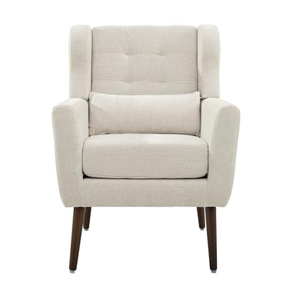 Modern Accent Chair Chenille Fabric Upholstered Tufted Side Wingback Chair,Mid Century Reading Armchair with Waist Pillow Backrest for Living Room Bedroom (Beige)