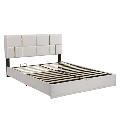Queen Size Upholstered Bed Frame with Storage Ottoman, Hydraulic Storage Bed Frame with Headbaord and Storage Bench, 2-Piece Bedroom Furniture Set - Beige