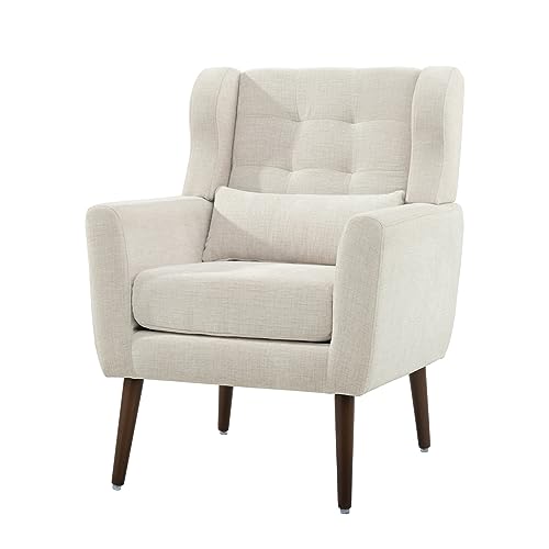 Modern Accent Chair Chenille Fabric Upholstered Tufted Side Wingback Chair,Mid Century Reading Armchair with Waist Pillow Backrest for Living Room Bedroom (Beige)