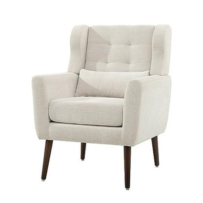 Modern Accent Chair Chenille Fabric Upholstered Tufted Side Wingback Chair,Mid Century Reading Armchair with Waist Pillow Backrest for Living Room Bedroom (Beige)