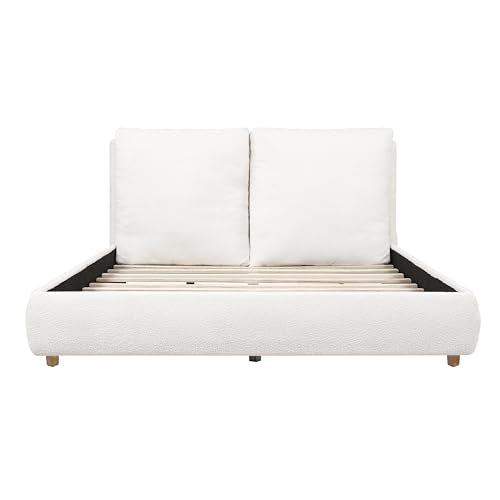 Queen Boucle Upholstered Bed, 2 Removable Headboard Pillows, White, view 8