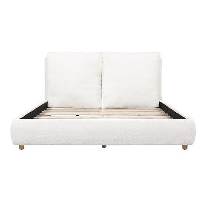 Queen Boucle Upholstered Bed, 2 Removable Headboard Pillows, White, view 8