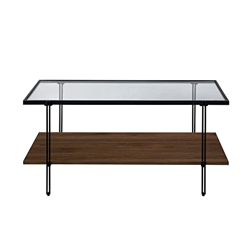 Nathan James Asher Mid-Century Rectangle Coffee Table Glass Top and Wood Finish Storage Shelf with Metal Legs, Walnut/Black