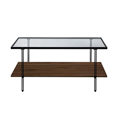 Nathan James Asher Mid-Century Rectangle Coffee Table Glass Top and Wood Finish Storage Shelf with Metal Legs, Walnut/Black