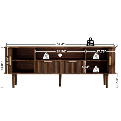 62" Mid Century Modern Fluted TV Stand, Tambour Doors, view 3