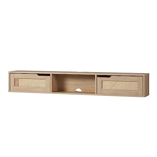 Destin Modern Rattan Flip-Down-Door Wall-Mounted Floating TV Stand for TVs up to 65 Inches, 58 Inch, Coastal Oak