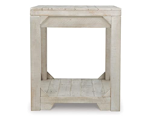Signature Design by Ashley Fregine Farmhouse Rectangular End Table with Lower Open Shelf, Triangle Bracket Accents, Wood, 25.25" High, Weathered White
