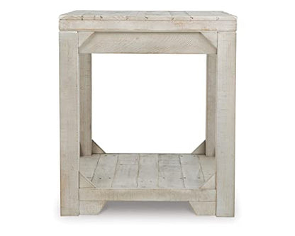 Signature Design by Ashley Fregine Farmhouse Rectangular End Table with Lower Open Shelf, Triangle Bracket Accents, Wood, 25.25" High, Weathered White