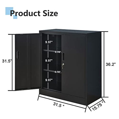 Metal Storage Cabinet, 36" H Locking Storage Cabinet with 2 Adjustable Shelves, Metal Cabinets for Garage, Home, Office, Utility Room-Black