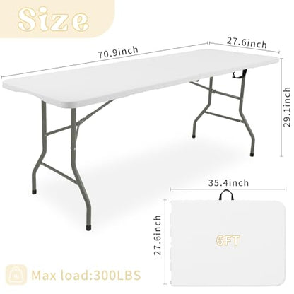 Folding Table 6 FT Lightweight Camping Table White Portable Plastic Rectangular Outdoor Dining Table Steel Legs Fold-in-Half with Carrying Handle for Indoor,Picnic,Party,Wedding,Events