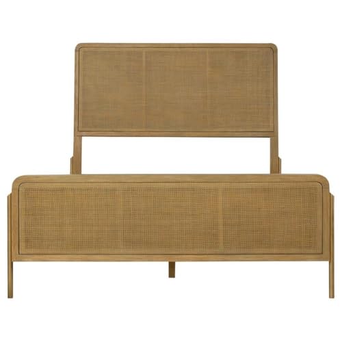 California King Panel Bed, Sand Wash Finish, Woven Rattan Cane Panels, Rubberwood and Metal Frame, Mid-Century Modern Style, Sturdy Bedroom Furniture, 56" H x 65.25" W x 90" D