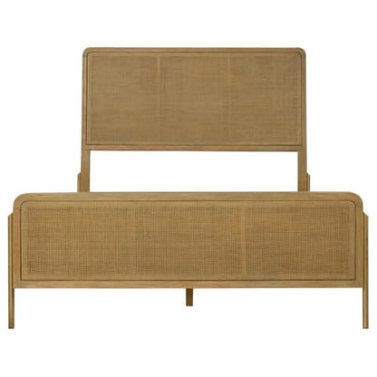 California King Panel Bed, Sand Wash Finish, Woven Rattan Cane Panels, Rubberwood and Metal Frame, Mid-Century Modern Style, Sturdy Bedroom Furniture, 56" H x 65.25" W x 90" D