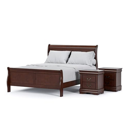 Louis Philippe Traditional Solid Wood 3 Piece Bedroom Set, Queen Bed Frame and Nightstands Set of 2, Sleigh Design Bedframe with Headboard and Footboard, Box Spring Needed, Cherry