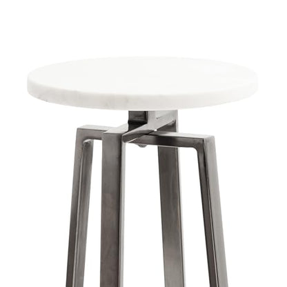 Zia Modern Marble Round Drink Table; 9 x 9 x 23; White and Gray Gunmetal; Decorative Pedestal Table for Living Room Display and Storage