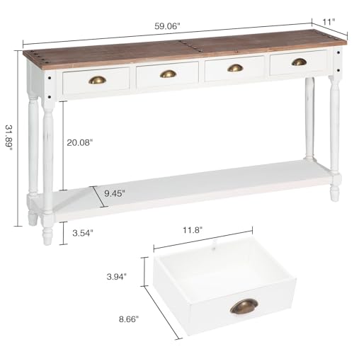 Farmhouse Console Table with 4 Drawers, 60" Long Narrow, White | Boho Sofa Foyer Stand with Large Storage Space, Solid Wood Frame and Legs for Entryway, Hallway, Living Room