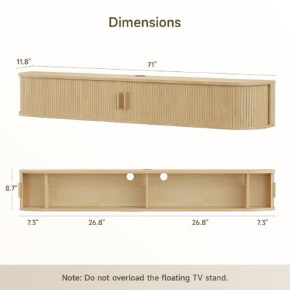 71" Floating TV Stand, Wall Mounted Entertainment Center Oak, view 3