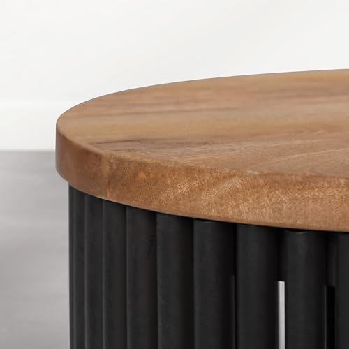 Demy Accent Table - 18 inch Wide Solid Mango Wood and Metal Round Side Table in Earthtone/Ebony, Modern End Table for Living Room or Bedroom with Slatted Base Design, Assembled