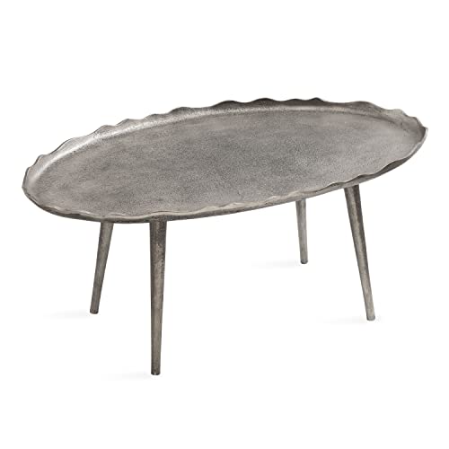 Alessia Modern Glam Oval Coffee Table; 34 x 20 x 15; Silver; Metal Living Room Table for Storage and Display with Antique Deckled Edge Detailing