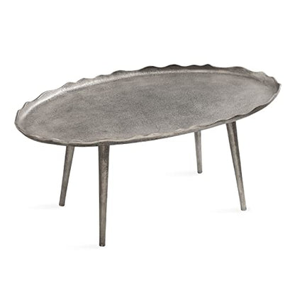 Alessia Modern Glam Oval Coffee Table; 34 x 20 x 15; Silver; Metal Living Room Table for Storage and Display with Antique Deckled Edge Detailing