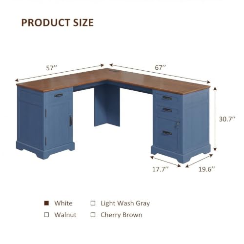 67'' Farmhouse L-Shaped Desk with Drawers for Home Office, Blue, view 3