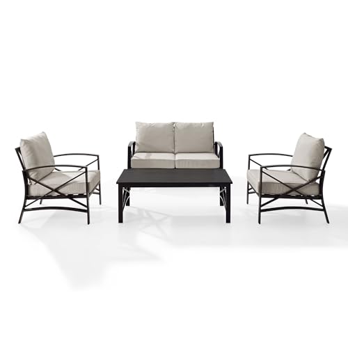 Crosley Furniture KO60009BZ-OL Kaplan Outdoor Metal 4-Piece Seating Set (Loveseat, 2 Arm Chairs and Coffee Table), Oiled Bronze with Oatmeal Cushions
