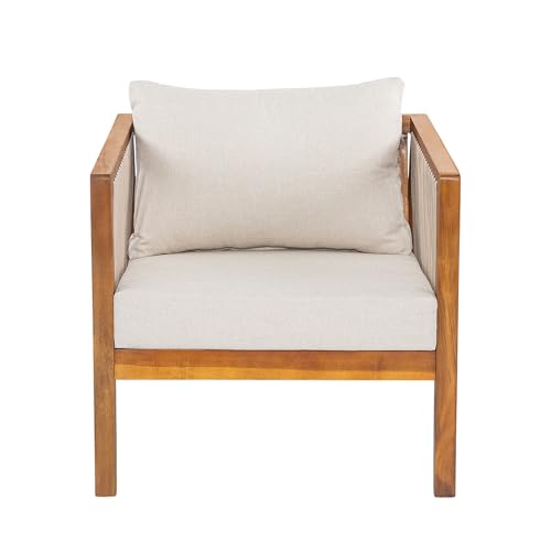 Silas Acacia Wood Lounge Chair Outdoor with Removable Cushion, Wooden Patio Accent Chair with Woven Rope Details, Outdoor Armchair for Patio Furniture Set, Teak+Beige