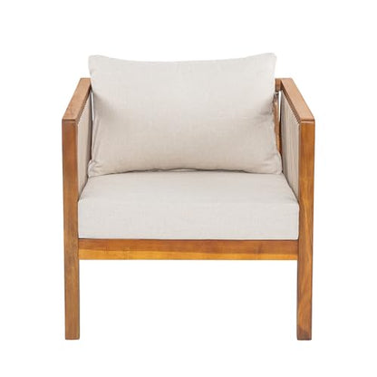 Silas Acacia Wood Lounge Chair Outdoor with Removable Cushion, Wooden Patio Accent Chair with Woven Rope Details, Outdoor Armchair for Patio Furniture Set, Teak+Beige