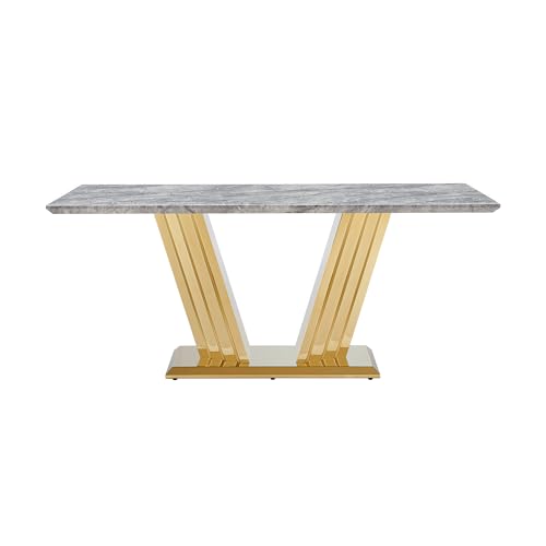 Marble Dining Table for 6 People, 70'' Rectangle Faux Marble Dining Table with Mirrored Stainless Steel Base, Large Size Marble Kitchen Table (Gold,Grey)(only Table)