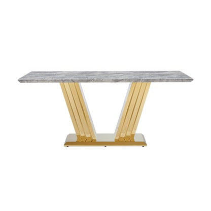 Marble Dining Table for 6 People, 70'' Rectangle Faux Marble Dining Table with Mirrored Stainless Steel Base, Large Size Marble Kitchen Table (Gold,Grey)(only Table)