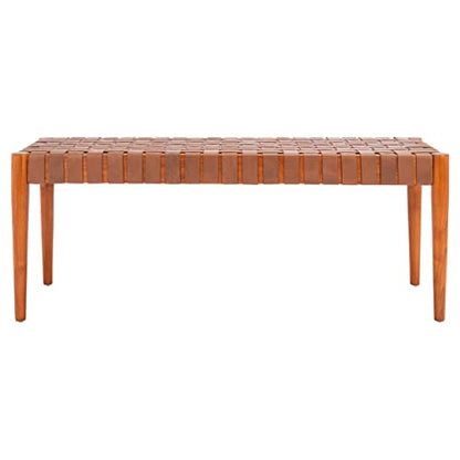 SAFAVIEH Furniture - Amalia Bench - Cognac & Dark Brown - Solid Wood - Modern Leather Design - Ideal for Entryway, Bedroom, Living Room, 18" Seat Height (BCH1001A)