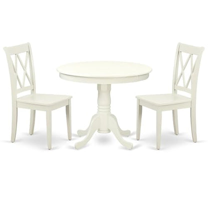 Cozy Linen White Kitchen Set - Round 36" Table & 2 Double X Back Chairs - Sturdy Hardwood - Comfortable Seating - Ideal for Limited Spaces - Attractive & Affordable - Hardware & Instructions Included