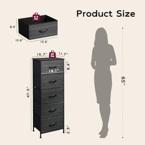 5 Drawer Dresser for Bedroom, Tall Chest of Drawers, Black Wood Grain, view 4