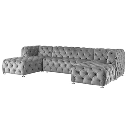 U-Shaped Modular Sofa Grey Velvet Fabric Living Room Furniture